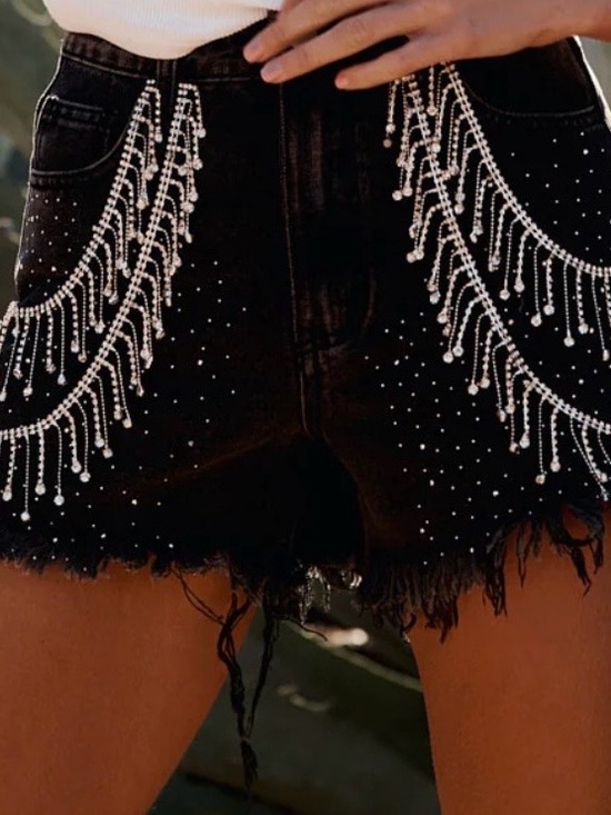 12th Tribe Pants - 12th Tribe Black Denim Shorts with Crystal Fringe